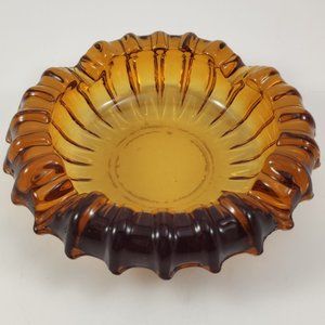 VTG Blenko Amber Ridged Ashtray Trinket Dish 5"